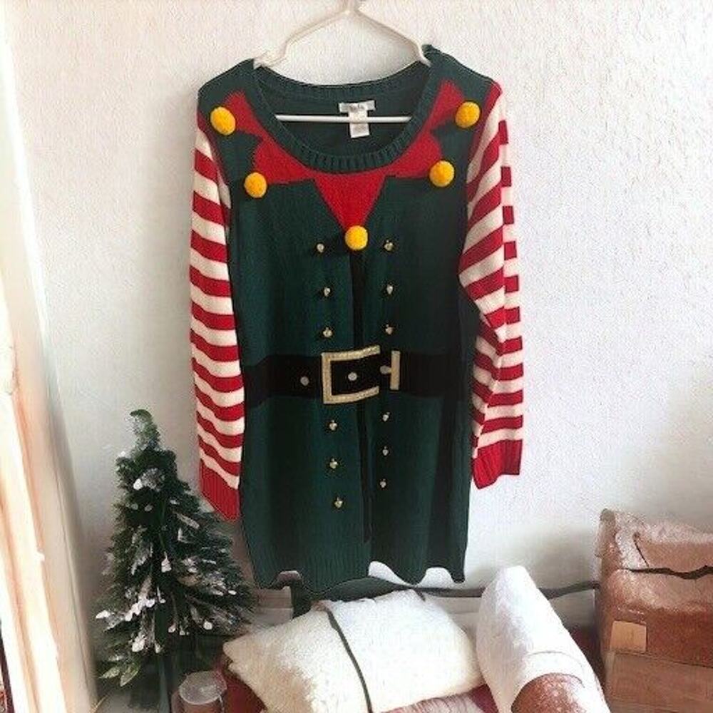 Isela Ugly Christmas Sweater Dress Elf Outfit‎ Jingle Bells Womens Large Party
